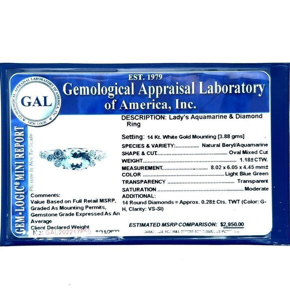 Natural Aquamarine Diamond Ring 6.5 14k W Gold 1.46 TCW Certified $2,950 217850 - Picture 8 of 8